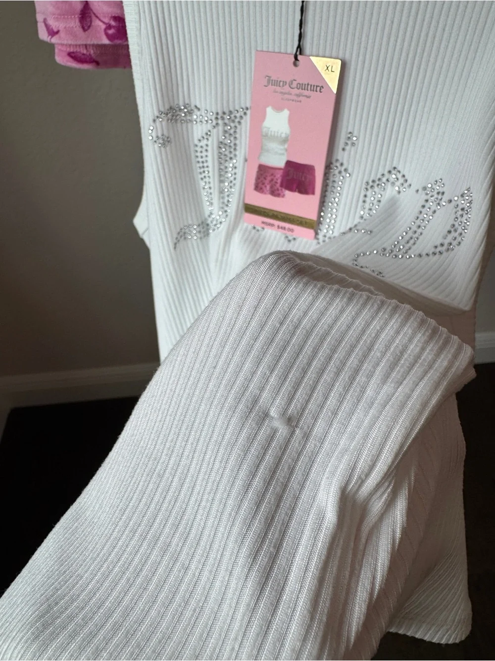 NWT Juicy Couture White Ribbed Tank with 2 Velvet Pink Cherry Boxer Shorts XL
